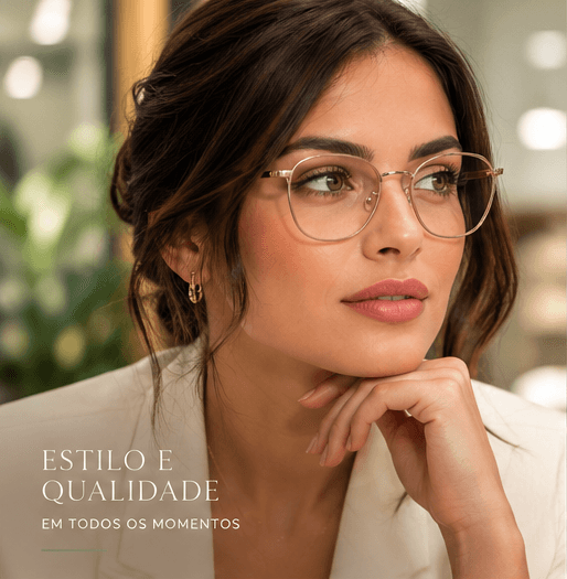 Mulher usando óculos de grau com armação dourada.